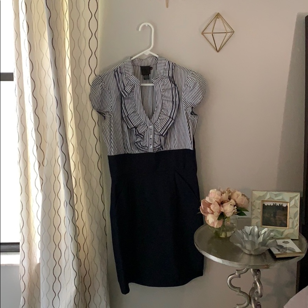 Pinstriped navy and white ruffled dress